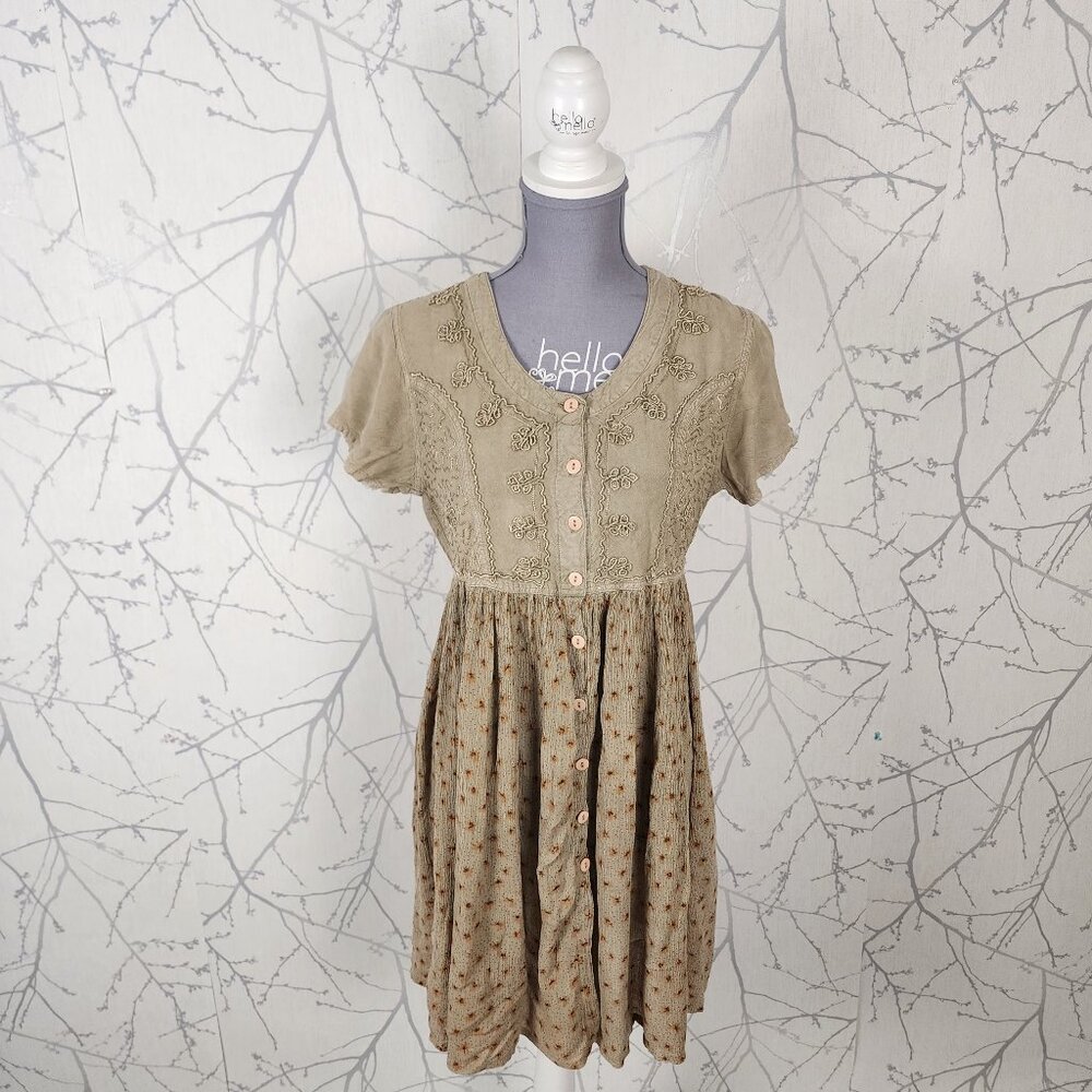 Meadow Lane Gold Beige Floral Embroidered Empire Waist Dress
